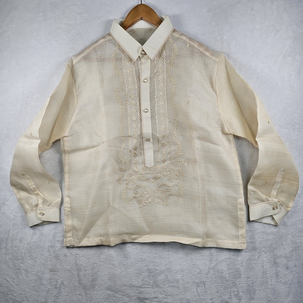 Barong Tagalog Filipino Formal Dress Shirt Men L 44" Sheer Embroidered Button Up - Picture 4 of 11